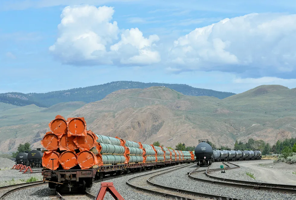 'National interest': steel pipe to be used in the construction of Kinder Morgan Canada's Trans Mountain Expansion Project sit on rail cars at a site in Kamloops, British Columbia, Canada