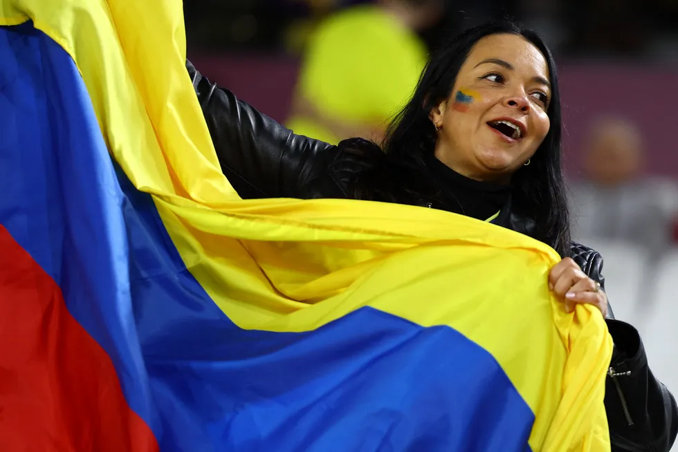 A Colombia fan with a flag inside England's Wembley stadium.