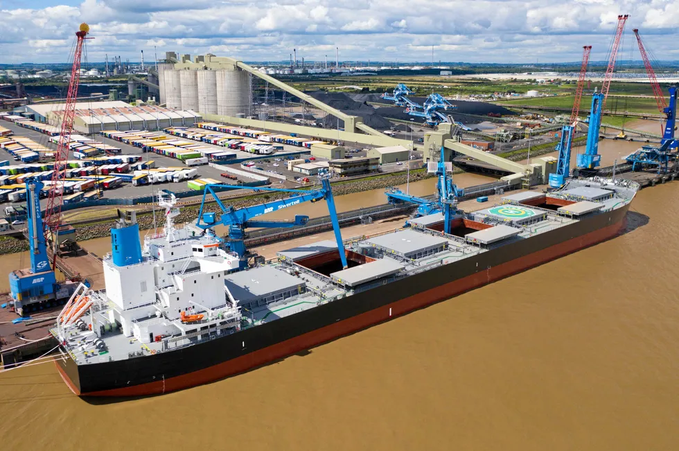 Ship being discharged at Humber International Terminal in the Port of Immingham.