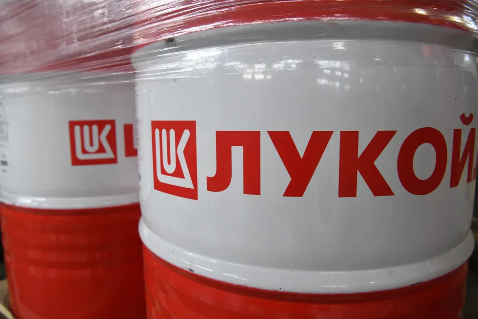 Profitable barrels: Lukoil-produced automotive lubricants are seen at a warehouse of a Russian carmaker.