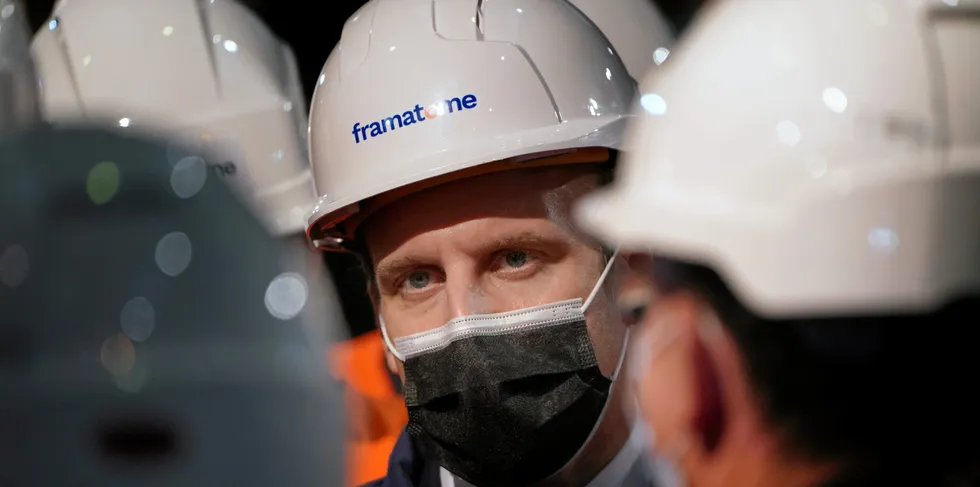 French President Emmanuel Macron meets employees as he visits the French nuclear reactor manufacturer Framatome.