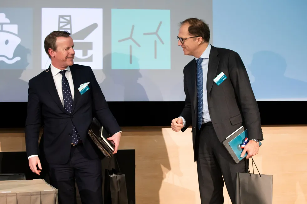 Torsdag møttes Frontline-sjef Lars H. Barstad (til venstre) og Euronav-sjef Hugo De Stoop (til høyre) i den siste paneldebatten i DNBs årlige energi- og shippingkonferanse i Oslo. Det var det første fysiske møtet mellom de to siden sammenslåingen av selskapene havarerte i januar.
