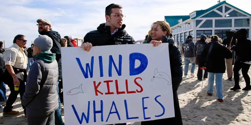 Environmentalists gather during a 'Save the Whales' rally calling for a halt to offshore wind energy development along the Jersey Shore.
