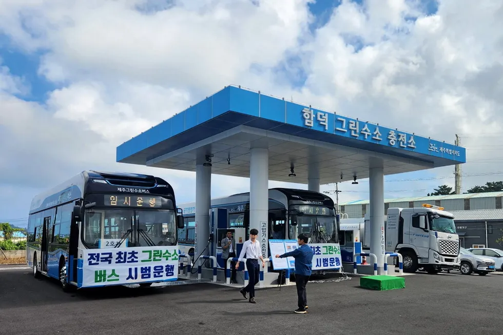 Hamdeok green hydrogen refuelling station, which is buying the renewable H2, pictured at its opening in September 2023.