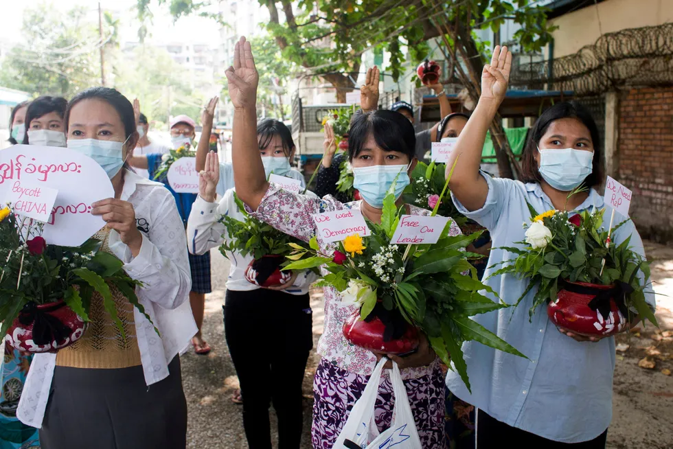 Peaceful protest: women in Myanmar's commercial capital Yangon demonstrate against the February 2021 military coup