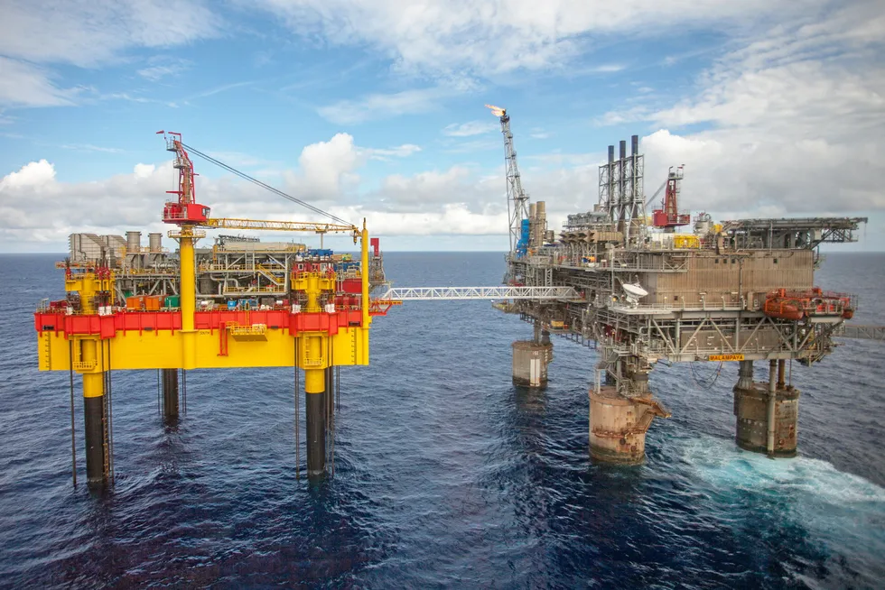 Production maintained: Phase 3 of the Malampaya project offshore the Philippines saw a new depletion compression platform (left) installed