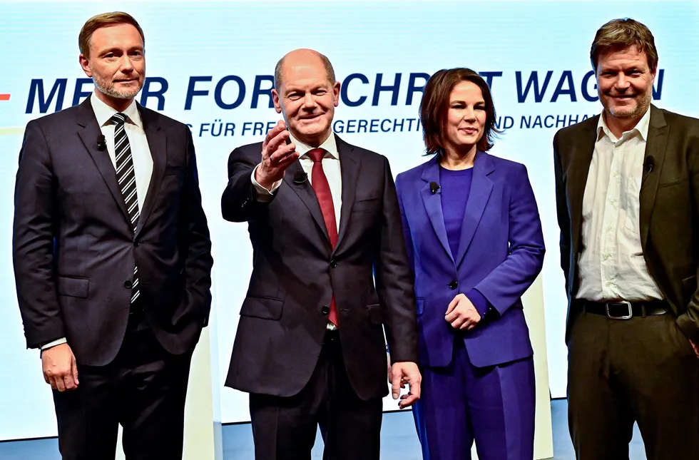 Green hydrogen ambition: (L-R) Germany's Free Democratic Party (FDP) leader Christian Lindner, the Social Democrats (SPD) candidate for Chancellor Olaf Scholz and the co-leaders of Germany's Greens (Die Gruenen) party Annalena Baerbock and Robert Habeck