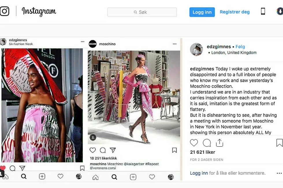I et Instagram-innlegg fredag i forrige uke viste Edda Gimnes frem fem bilder av sin egen design ved siden av den italienske motegiganten Moschinos nye SS19-kolleksjon, som ble vist torsdag.