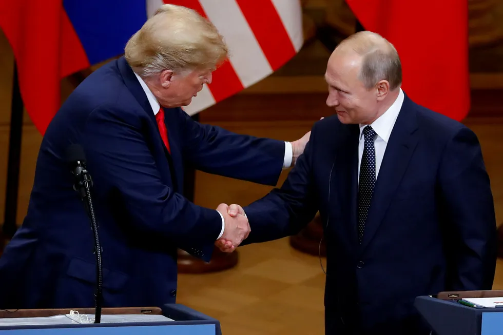 USAs president Donald Trump og den russiske presidenten Vladimir Putin under møtet i Helsinki i Finland i juli.