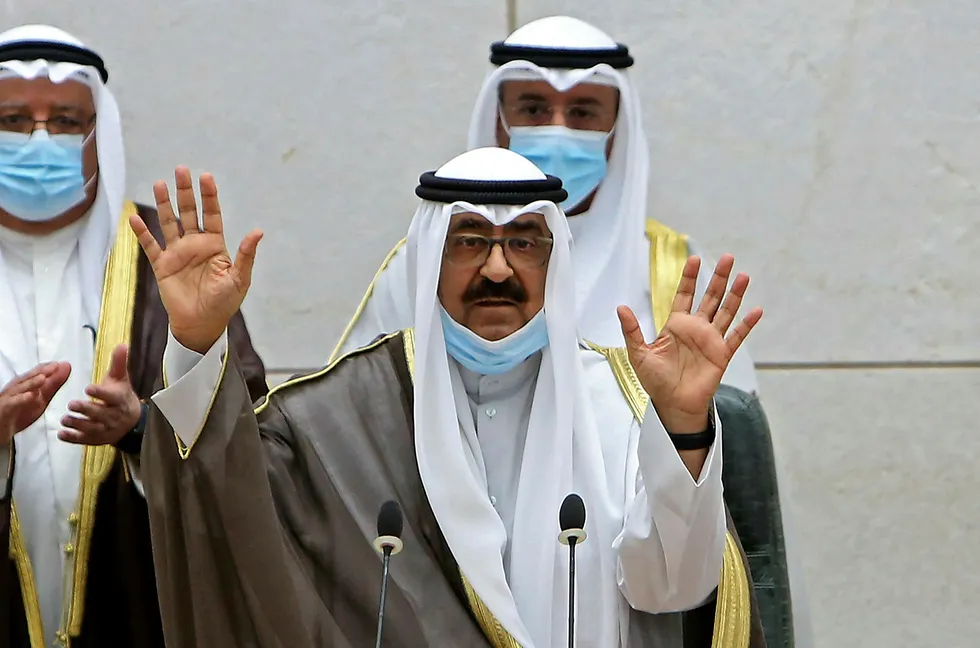 Succession: new Kuwaiti Crown Prince Sheikh Meshal al Ahmad al Jaber al Sabah waves as he arrives at the parliament to take oath on 8 October 8, 2020