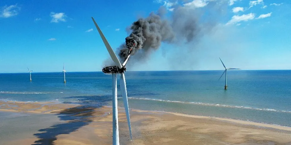 . Turbine blaze at Scroby Sands Wind Farm.