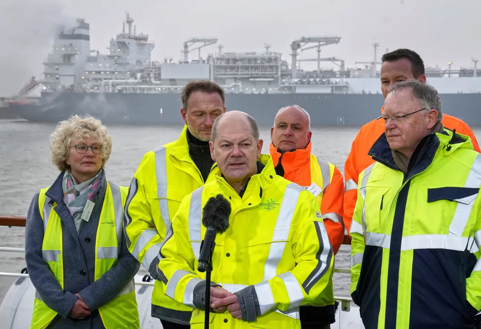 Gaining weight: German Chancellor Olaf Scholz delivers a statement in front of the Hoegh Esperanza floating storage and regasification unit during the opening of the LNG terminal in Wilhelmshaven in December 2022.