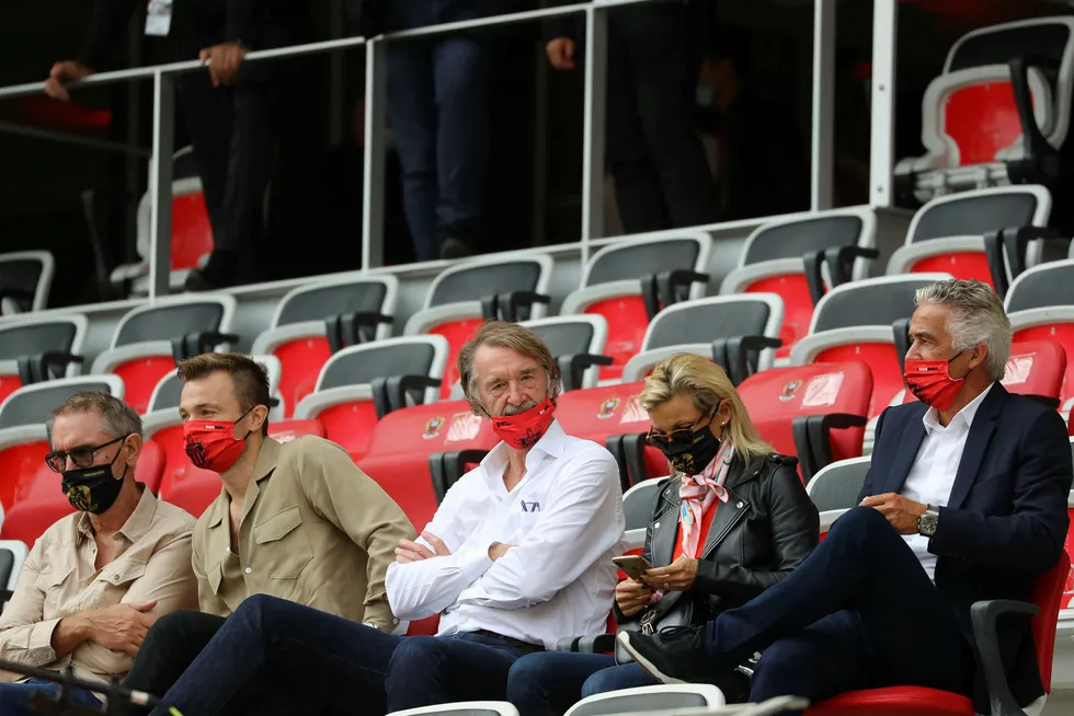 Home in the sun: Jim Ratcliffe (centre) and Nice's president Jean-Pierre Rivere (right) ahead of the French L1 football match between OGC Nice and Paris Saint Germain at The Allianz Riviera Stadium in Nice, south-eastern France on 20 September
