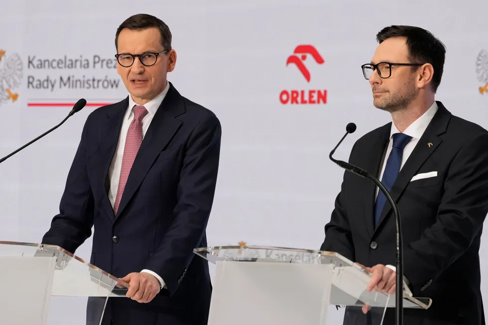 Diversification: Poland’s Prime Minister Mateusz Morawiecki (left), with Orlen chief executive Daniel Obajtek.