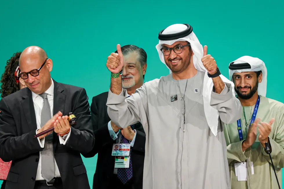 Adnoc CEO Sultan Ahmed Al Jaber, pictured with thumbs up at last year's COP28 in Abu Dhabi, where he was the president of the UN climate summit.