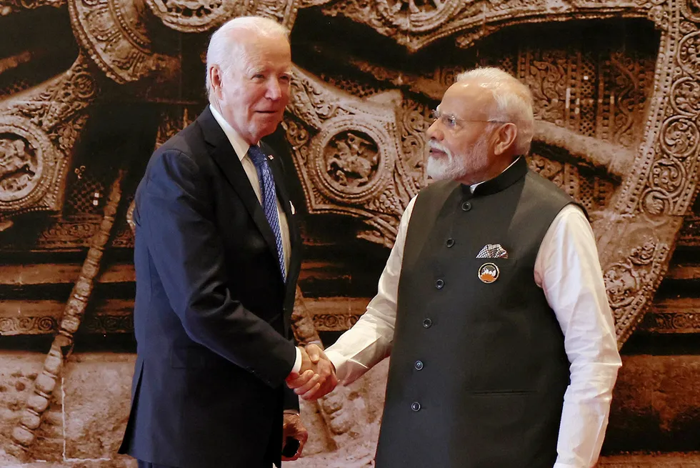 US president Joe Biden and Indian prime minister Narendra Modi at the G20 summit on 9 September.