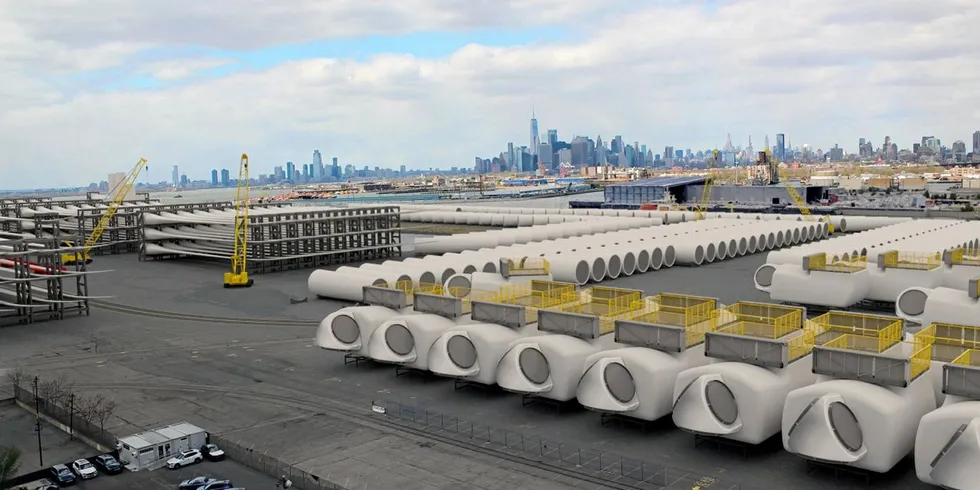 Artists rendering of offshore wind staging at South Brooklyn Marine Terminal, a port project back on track after Equinor's Empire Wind was re-procured in the New York round 4