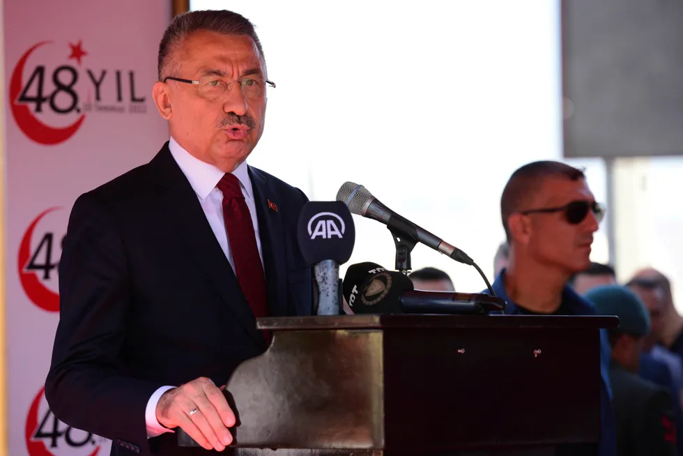 Warning: Turkey’s Vice President Fuat Oktay talks last week during a military parade marking the 48th anniversary of the Turkish invasion of Cyprus
