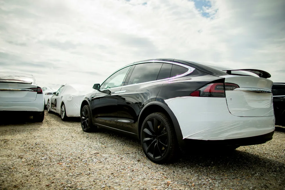 Tesla leverte ut rekordmange biler i desember og inntok med Model X en solid fjerdeplass blant bilmodellene i Norge. Her venter biler på sine nye eiere på Drammen havn. Foto: Vegard Wivestad Grøtt/NTB Scanpix