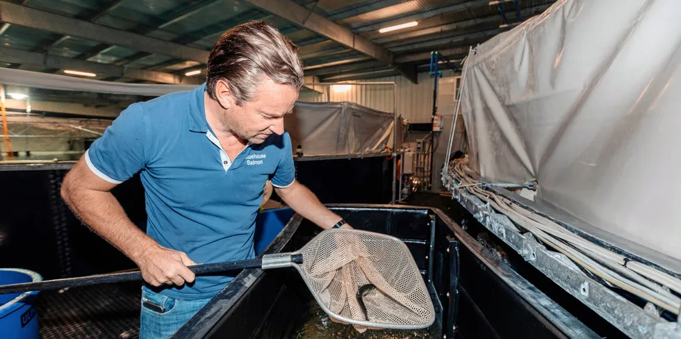 Johan Andreassen, sjef i Atlantic Sapphire, ser på en liten laks fra de gigantiske tankene. Andreassen styrer og er største eier i Atlantic Sapphire, som bygger et gigantisk oppdrettsanlegg på land ni USA. I 2031 har selskapet planer om å produsere 220.000 tonn laks.