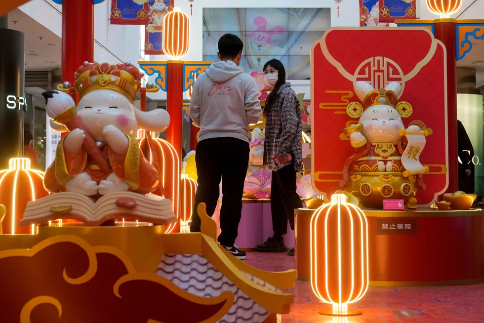 Kina gjør seg klar til å ønske harens år velkommen. Den er kjent for å sette pris på fred og ro, er veloppdratt og bringer med seg velstand. Her fra en utstilling ved et kjøpesenter i Beijing.