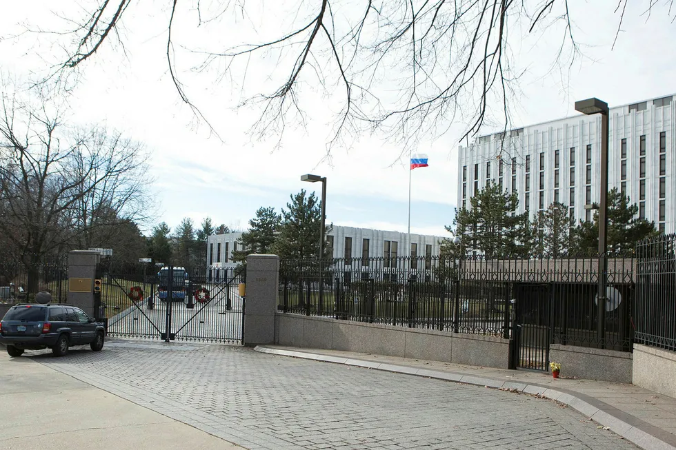 Russlands ambassade her i Washington DC får ny adresse, 1 Boris Nemtsov Plaza. Foto: Chris Kleponis/AFP/NTB Scanpix