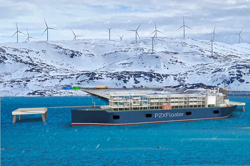 A rendering of the P2XFloater vessel moored near the planned Greenland wind farm.