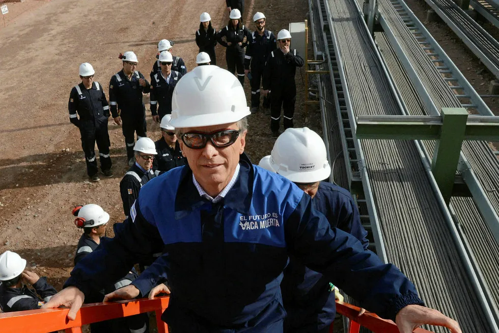 Long climb: Argentina's President Mauricio Macri visits a Tecpetrol gas plant in the Vaca Muerta