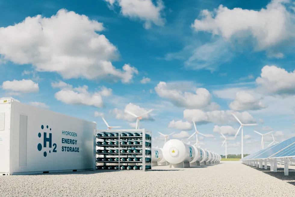 Graphic showing a hydrogen energy storage system powered by wind and solar power.