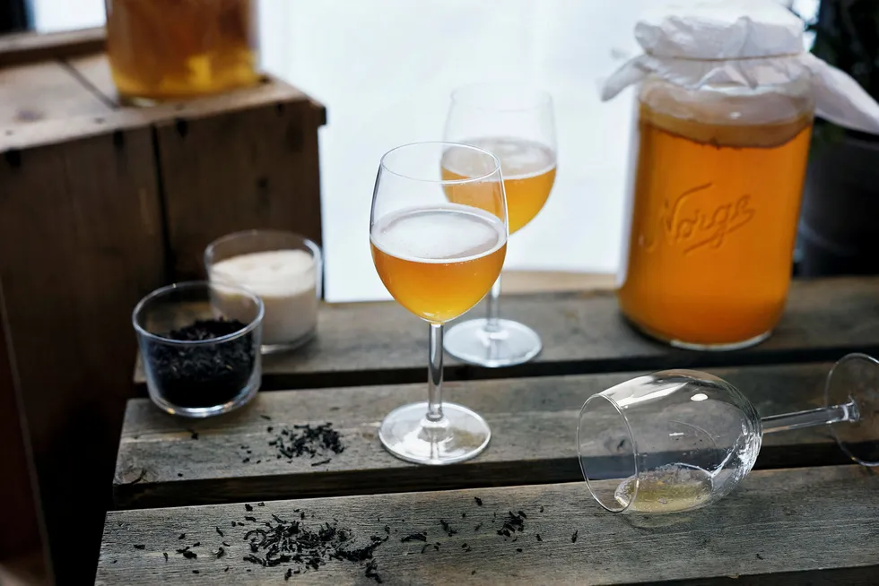 Bobler. Kombucha er sukret, fermentert te med lette bobler – en frisk drikk som kan tilsettes smaker som hylleblomst eller solbærblader.