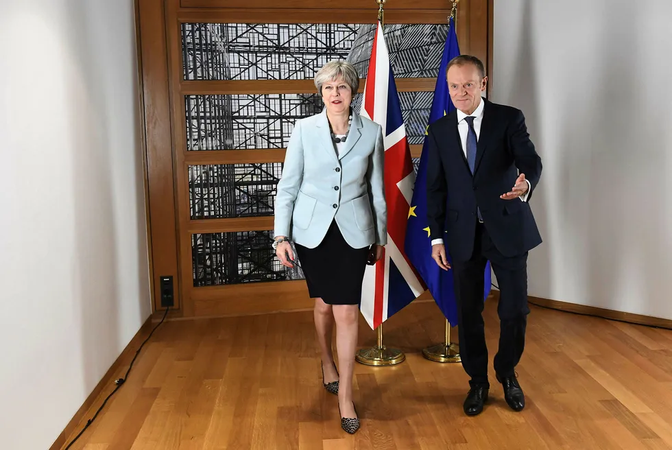 EU-president Donald Tusk fotografert sammen med Storbritannias statsminister Theresa May i desember i fjor. Foto: Emmanuel Dunand/AFP/NTB scanpix