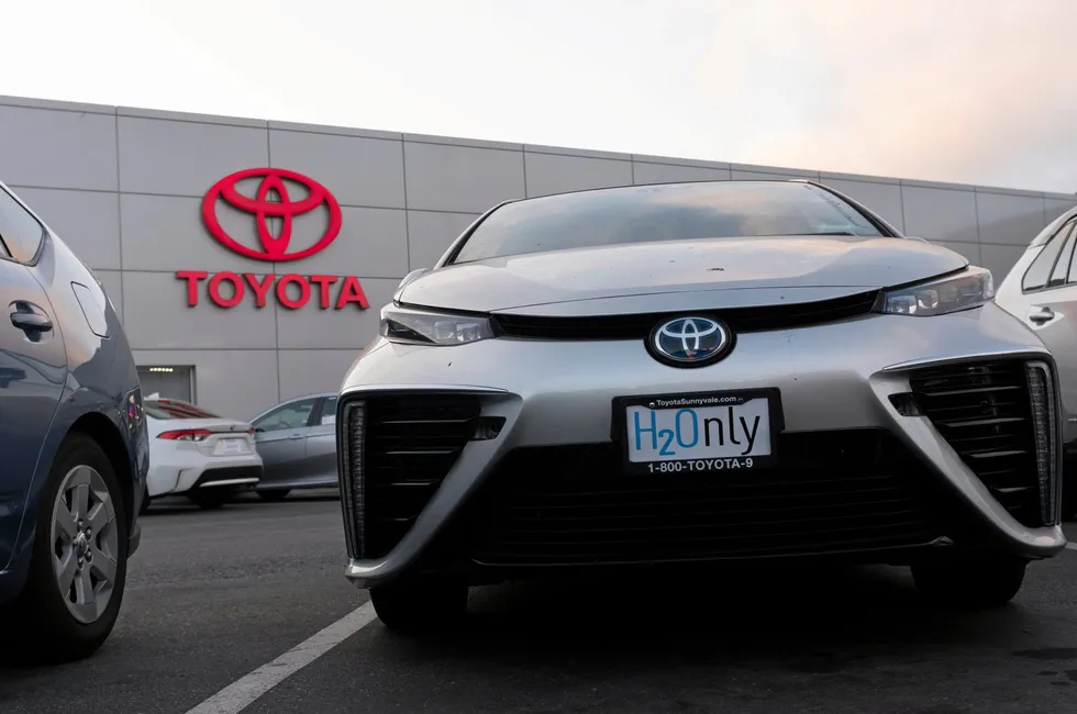 A hydrogen-powered Mirai for sale at a Toyota dealership in San Jose, California.