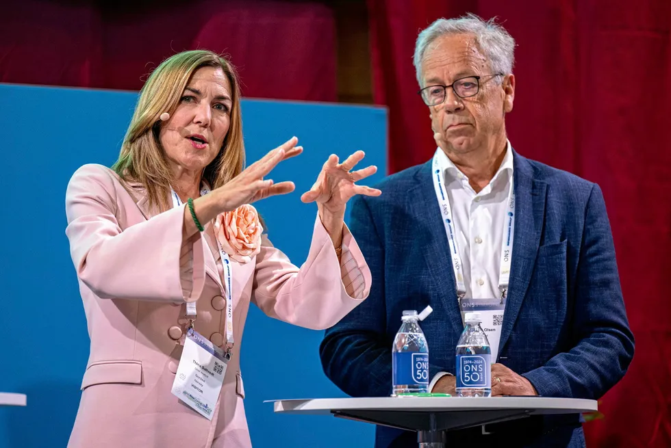 Thina Margrethe Saltvedt, chief analyst at Nordea Bank Norge, and Oystein Olsen, former governor of the Central Bank of Norway, at a panel during ONS 2024 in Stavanger, Norway.