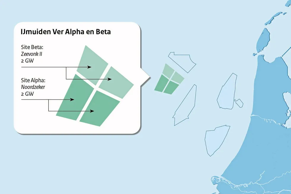 A map of offshore wind sites off the Netherlands, including the zones secured by Zeevonk 2.