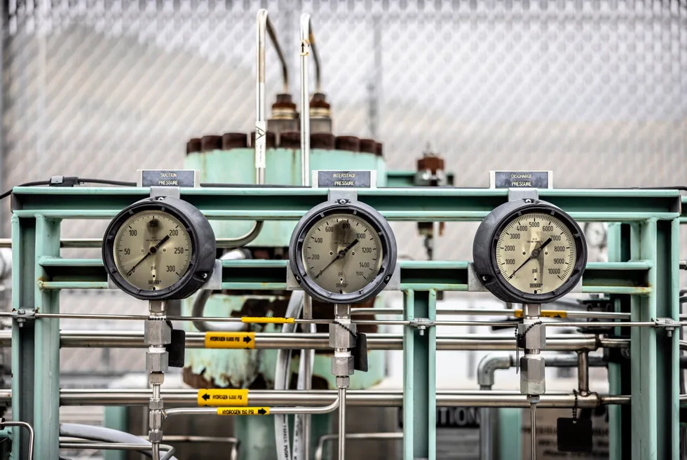 Pressure gauges on a hydrogen storage facility at the National Renewable Energy Laboratory in Colorado, USA.