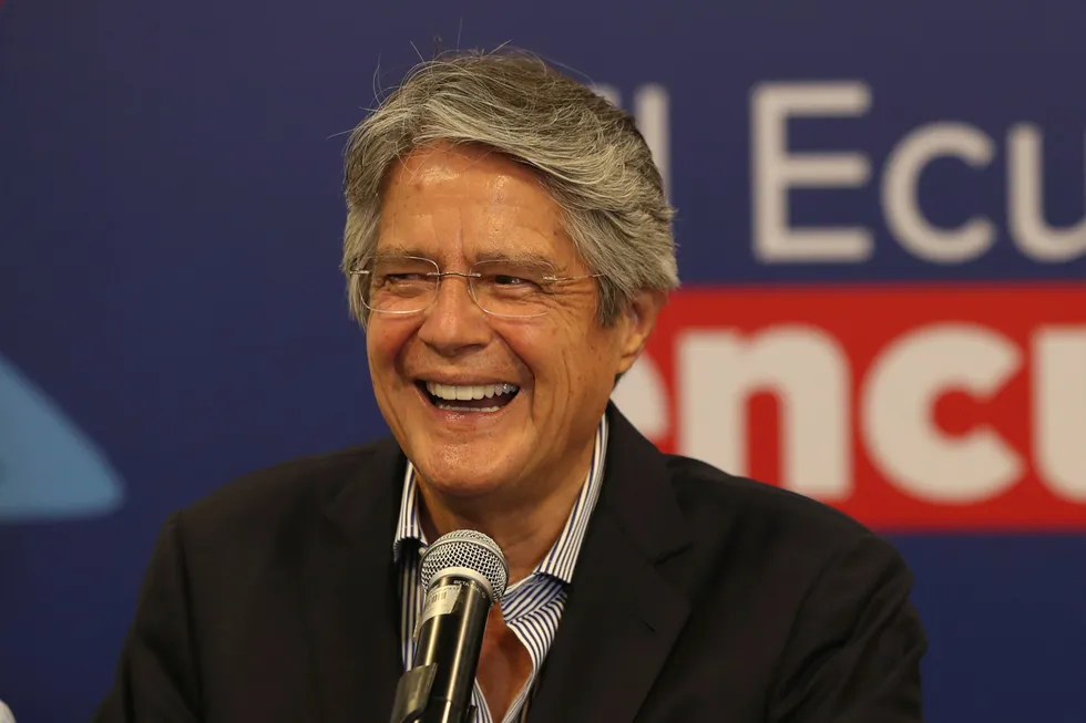 Smiles: Ecuador's President-elect Guillermo Lasso holds a press conference one day after his electoral victory