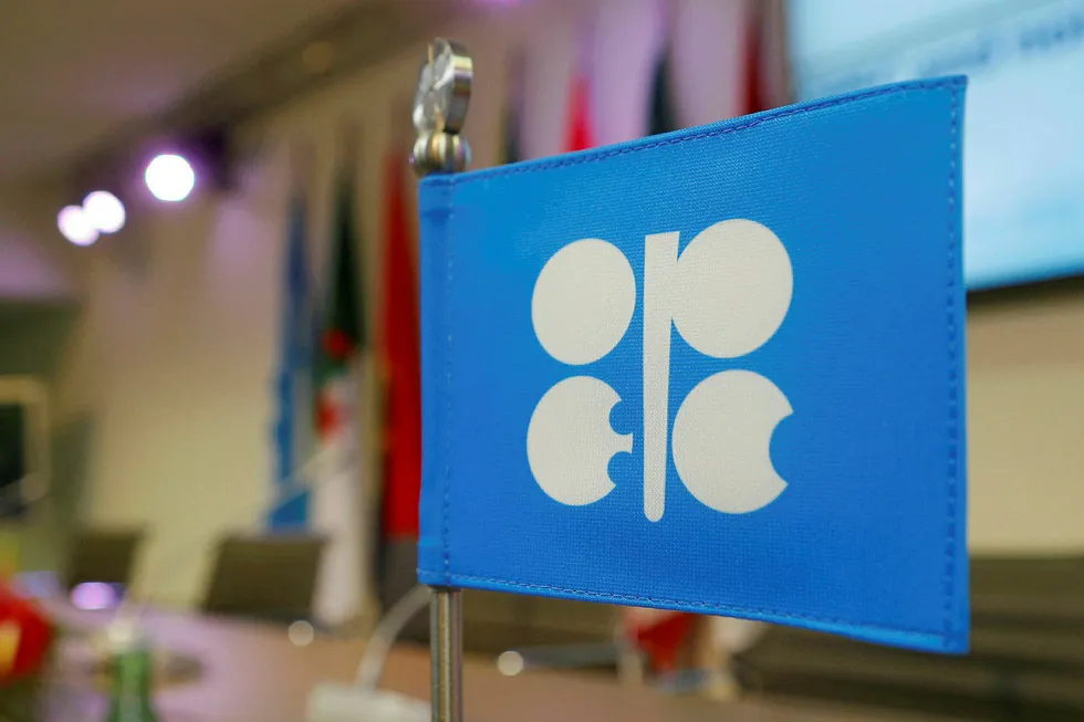 FILE PHOTO: A flag with the Organization of the Petroleum Exporting Countries (OPEC) logo is seen before a news conference at OPEC's headquarters in Vienna, Austria December 10, 2016. REUTERS/Heinz-Peter Bader/File Photo . .