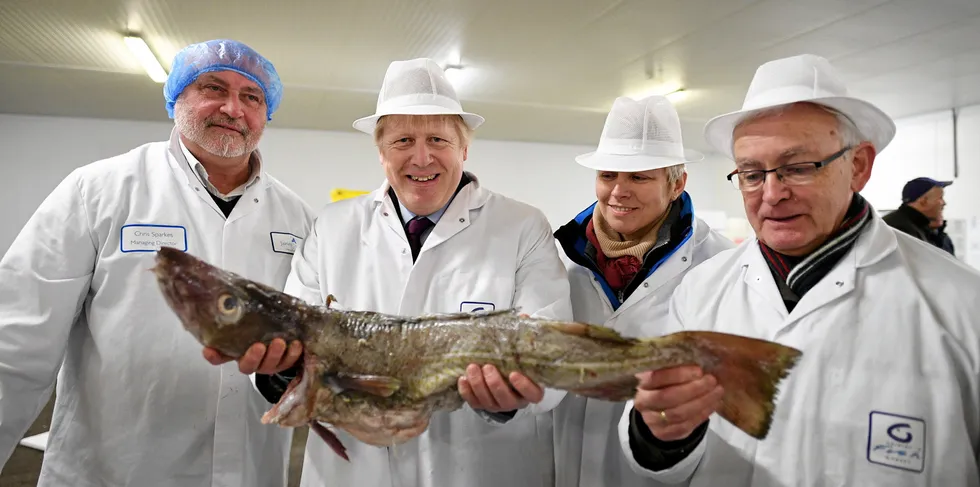 UK Prime Minister Boris Johnson at the Grimsby Fish Market.