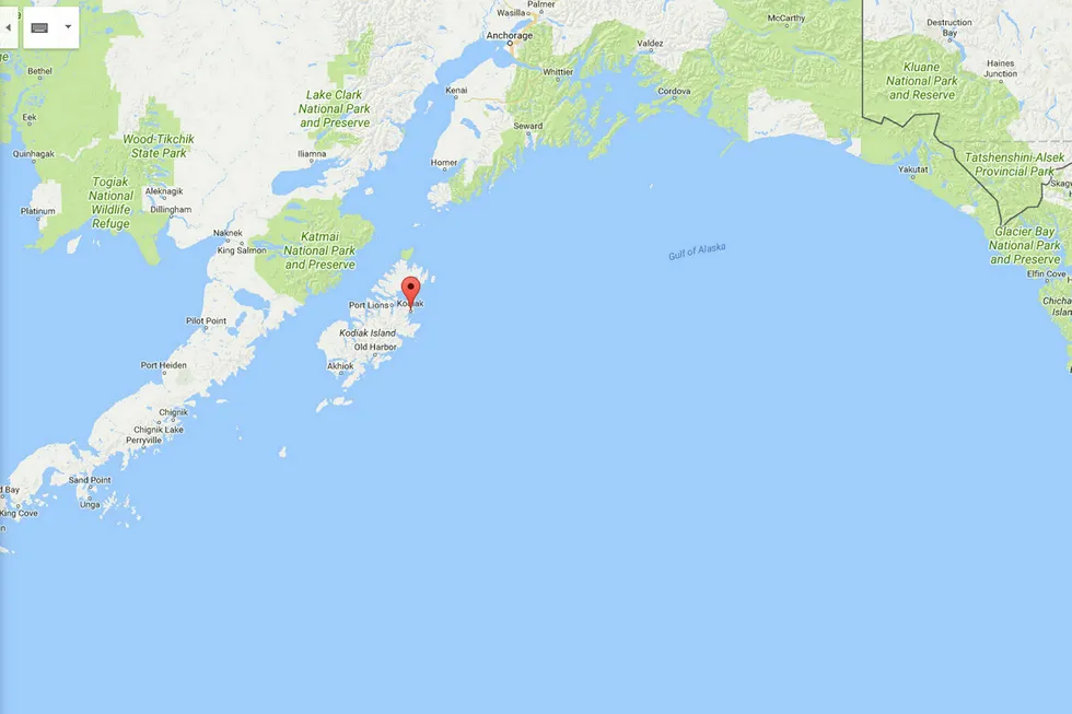 Jordskjelvet skjedde 300 km sørøst for byen Kodiak, som er markert på kartet. Foto: Google Maps