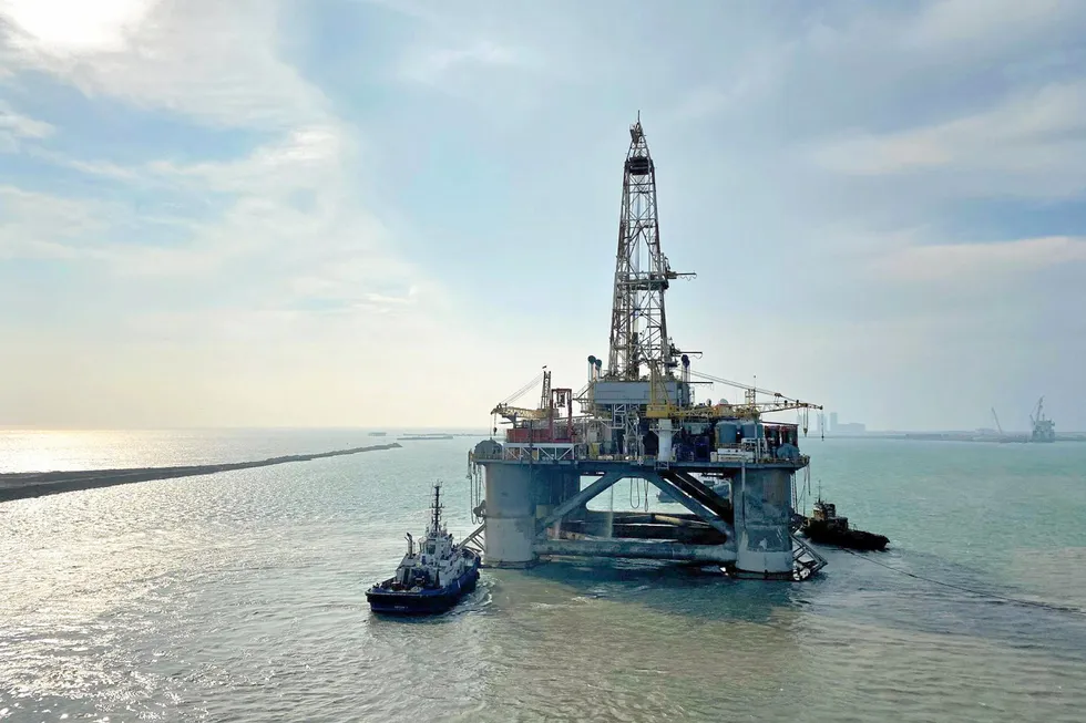 New assignment: Caspian Drilling Company's semisub Dada Gorgud under tow in Azerbaijan's Caspian Sea waters