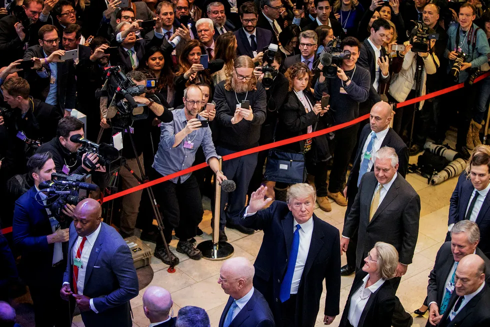 – Jeg er «happy» for å være her, sa USAs president Donald Trump da han kom til den globale eliten i Davos som han tok oppgjør med i valgkampen. Foto: Orjan F. Ellingvag
