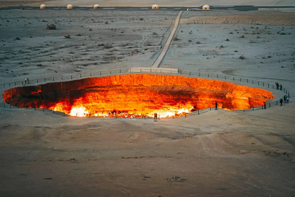 Fire brigade call: Darvaza gas burning crater in the Karakum Desert in Turkmenistan