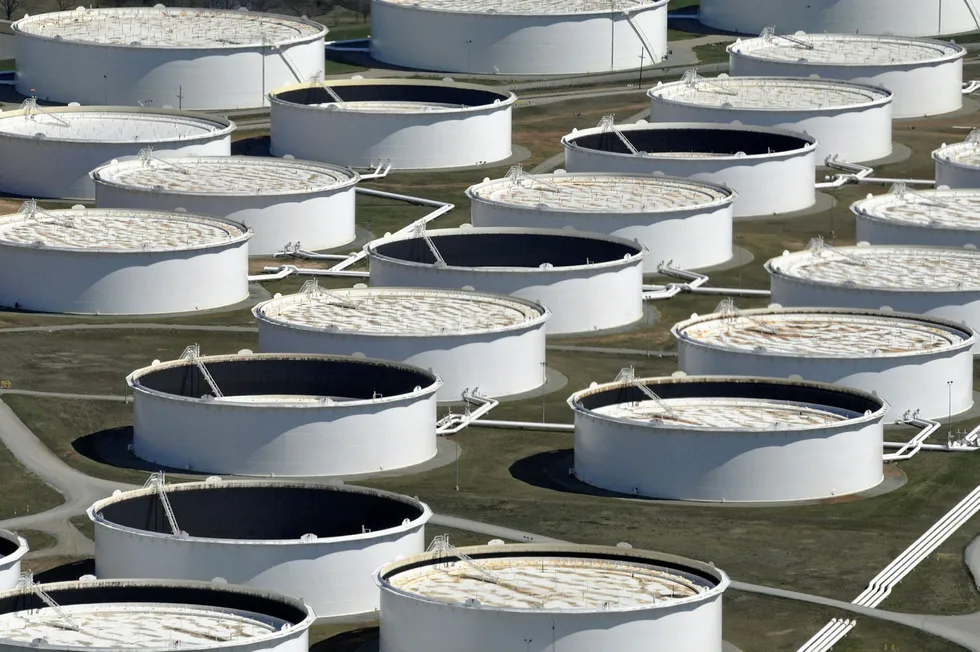 Crude oil storage tanks are seen from above at the Cushing oil hub, appearing to run out of space to contain a historic supply glut that has hammered prices, in Cushing, Oklahoma, US