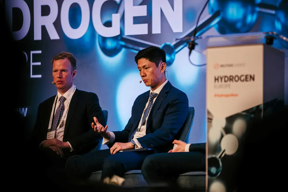 Loftur Thorarinsson, Mitsui OSK Lines (left) and Jong Chen Foo, OCI (right) speaking at the Reuters Hydrogen 2024 conference in Amsterdam.