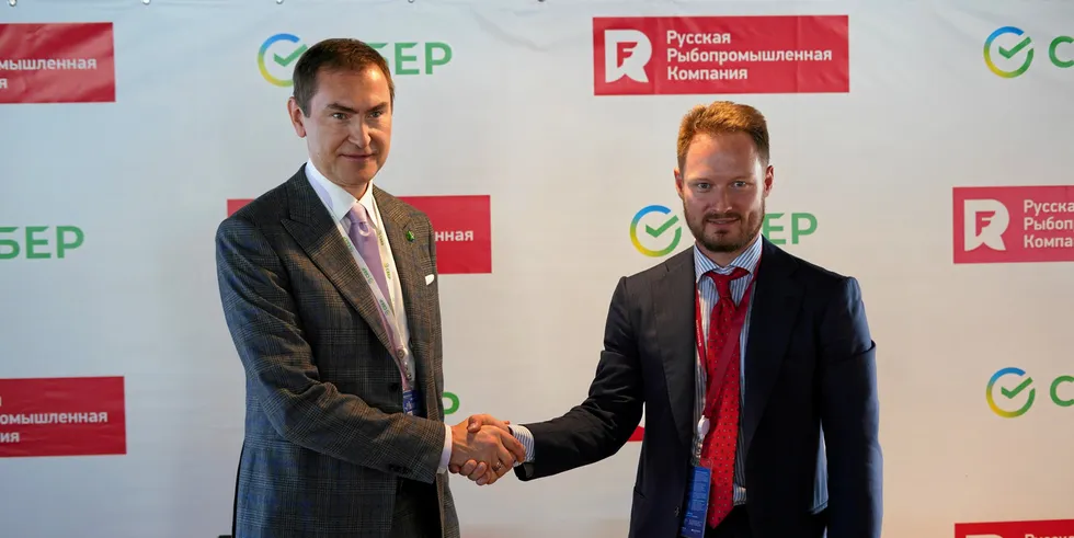 Gleb Frank (right) resigned as chairman of the board of directors of Russian Crab and RFC on March 17. He is pictured here with Alexander Vedyakhin, the first deputy chairman of the executive board of Sberbank.