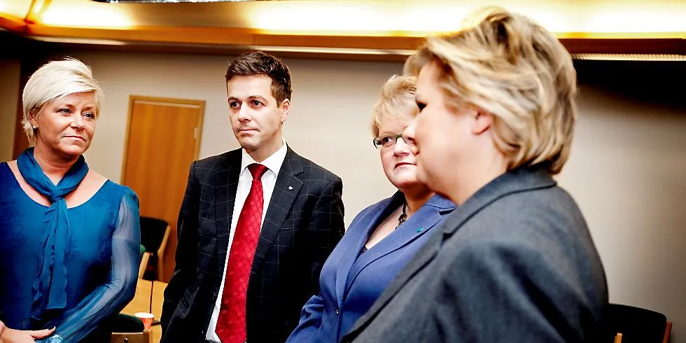 Frps Siv Jensen, KrFs Knut Arild Hareide, Venstres Trine Skei Grande og Høyres Erna Solberg. Arkivfoto: Ida von Hanno Bast