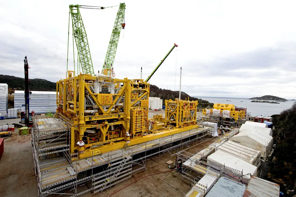 Advances: a subsea compressor train in Norway being readied for Equinor's Aasgard project. Subsea compression technology could make a big dent in future offshore project costs