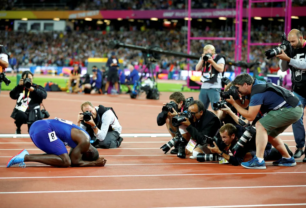 Den dopingdømte sprinteren Justin Gatlin under friidretts-VM i London 5. august, etter å ha vunnet 100-meterfinalen. Foto: Phil Noble/Reuters/NTB Scanpix