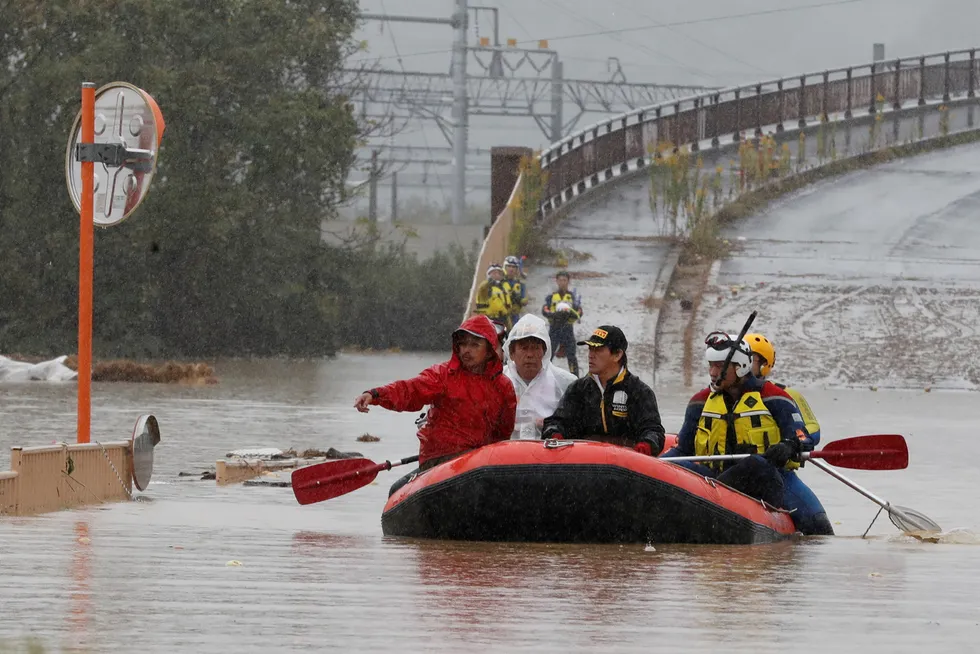 October 2019: rescue operations in the aftermath of Typhoon Hagibis, which caused severe floods near the Chikuma River in Nagano Prefecture, Japan