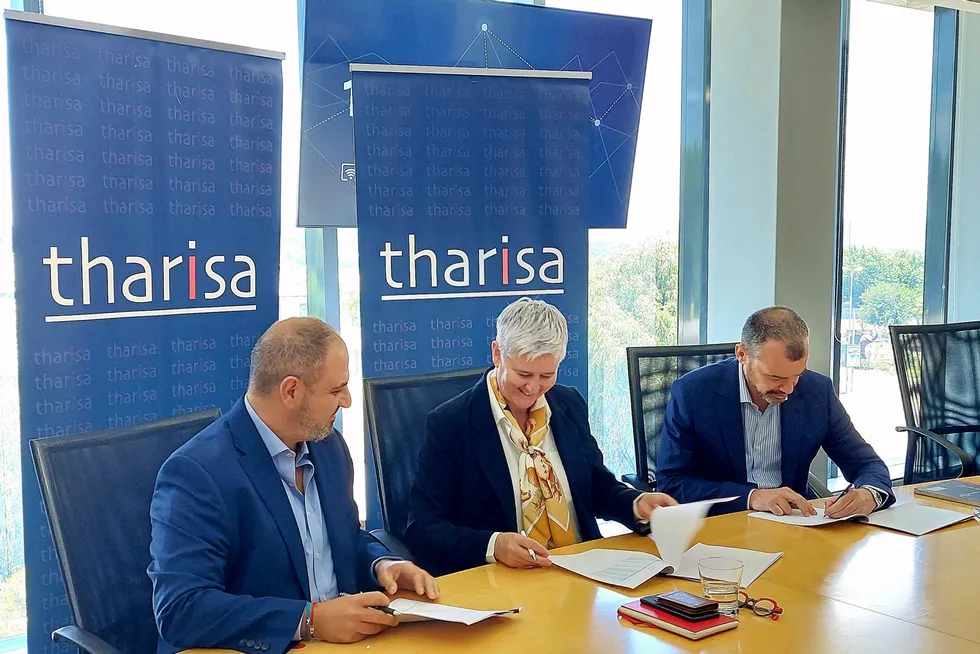 Inked in: a memorandum of understanding was signed on a solar power deal by Phoevos Pouroulis, chief executive of Tharisa (left), Fabienne Demol, head of business development of Total Eren (centre), and Benoit Garrivier, chief executive of Chariot Transitional Power.